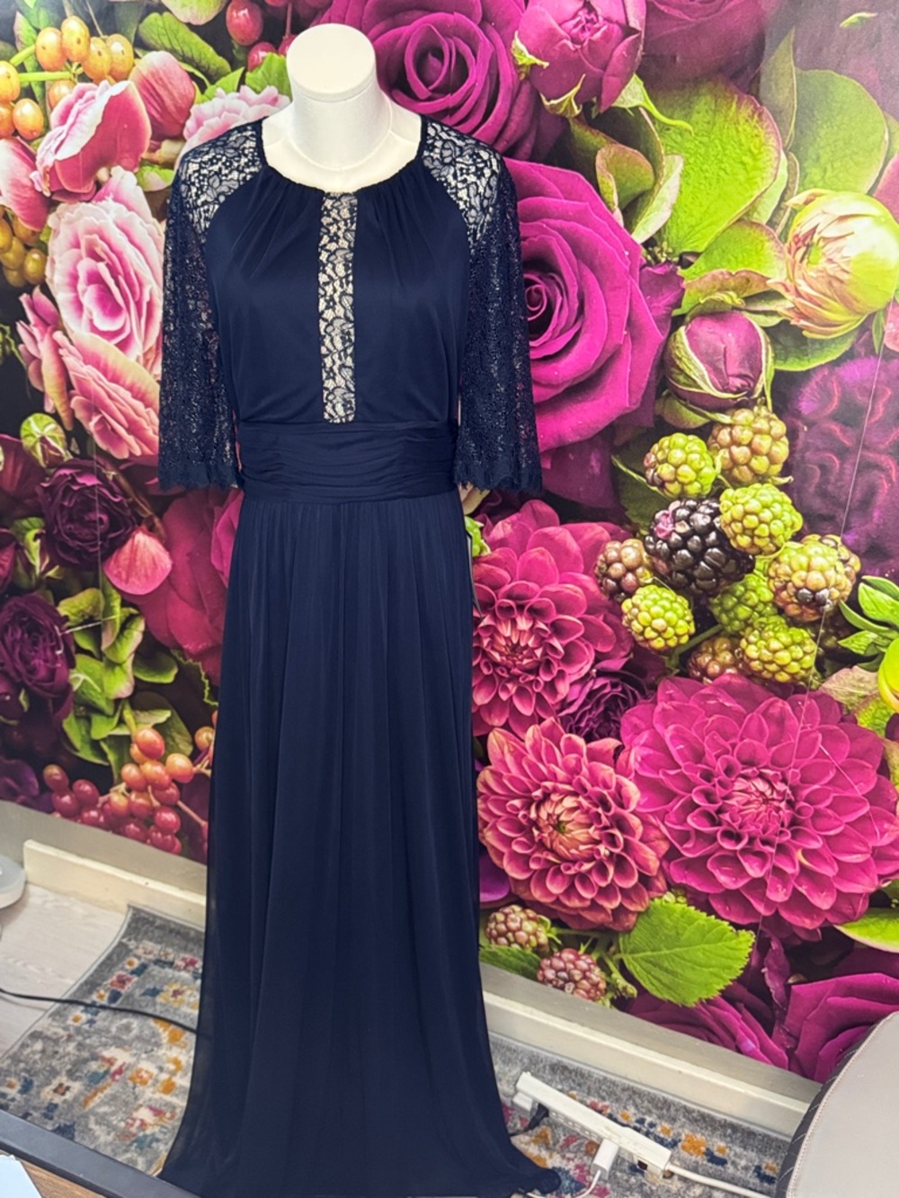 Betsy & Adam Navy Lace Long-Sleeve Evening Gown